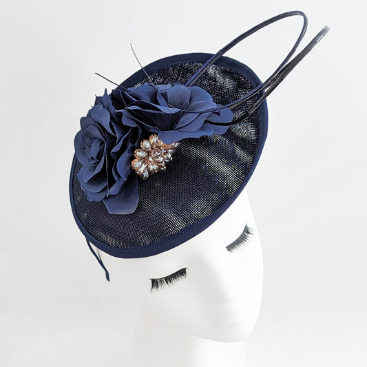 Navy blue flower disc saucer fascinator hat