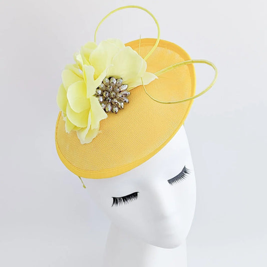 Yellow flower disc saucer fascinator hat House of Hats