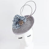 Grey flower disc saucer fascinator hat