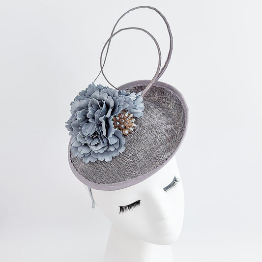 Grey flower disc saucer fascinator hat
