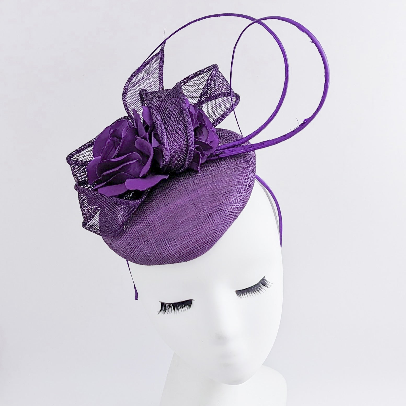 Aubergine royal purple flower fascinator hat