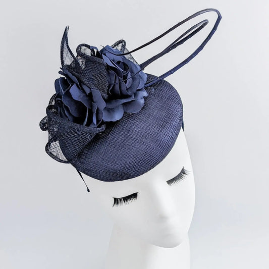 Navy blue flower fascinator hat House of Hats