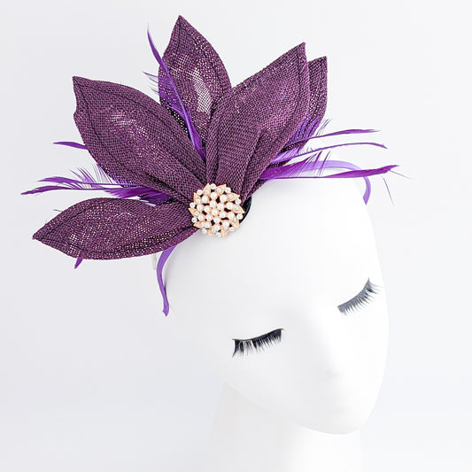 Dark plum purple feather petal fan fascinator hat