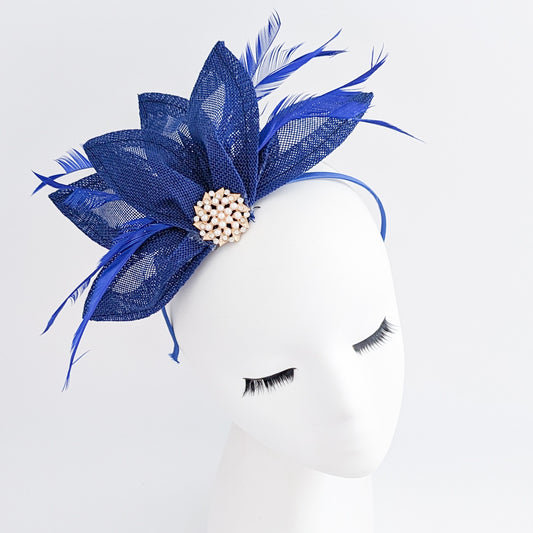 Royal cobalt blue feather petal fan fascinator hat