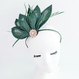 Dark emerald green feather petal fan fascinator hat