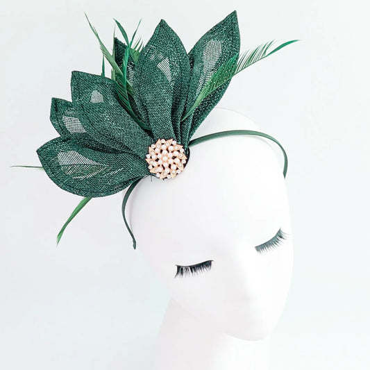 Dark emerald green feather petal fan fascinator hat House of Hats