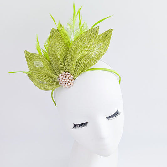 Matcha lime green feather petal fan fascinator hat