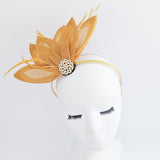 Golden ochre yellow feather petal fan fascinator hat