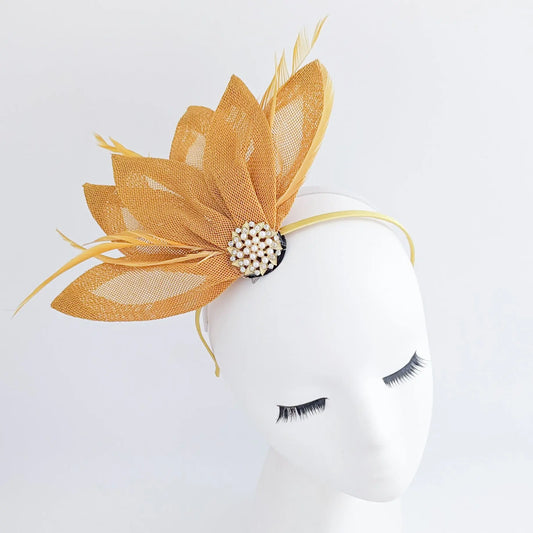 Golden ochre yellow feather petal fan fascinator hat House of Hats