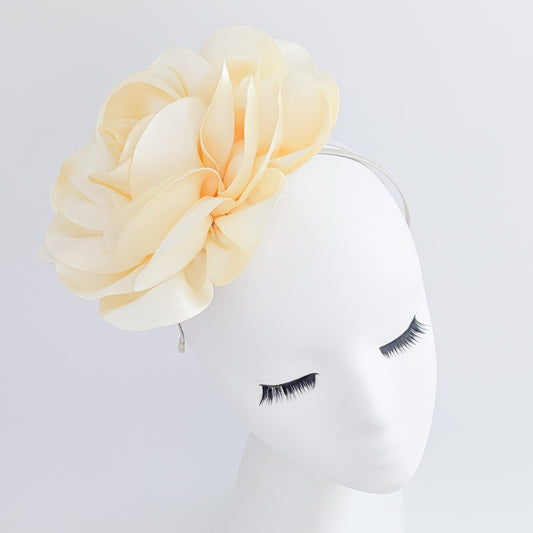 Large cream satin rose fascinator hat