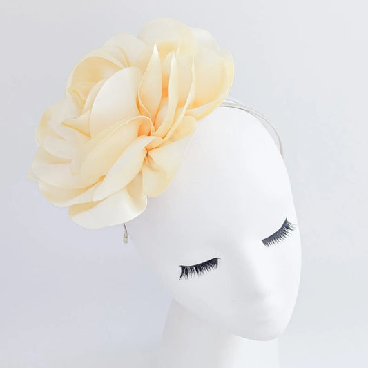 Large cream satin rose fascinator hat House of Hats