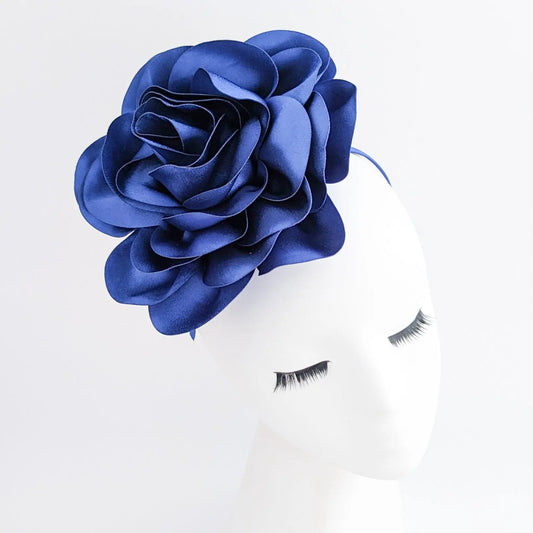 Large royal cobalt blue satin rose fascinator hat House of Hats