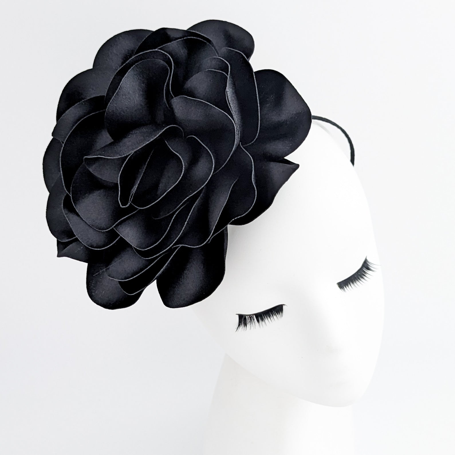 Large black satin rose fascinator hat Large black satin rose fascinator hat
