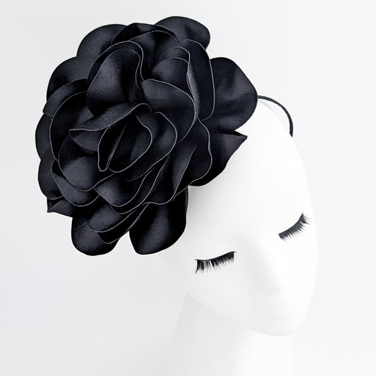 Large black satin rose fascinator hat