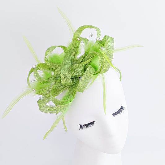 Lime green crystal feather fascinator hat