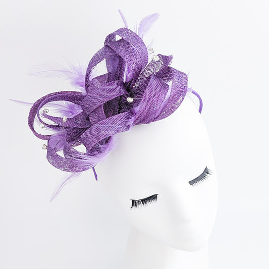 Royal purple crystal feather fascinator hat