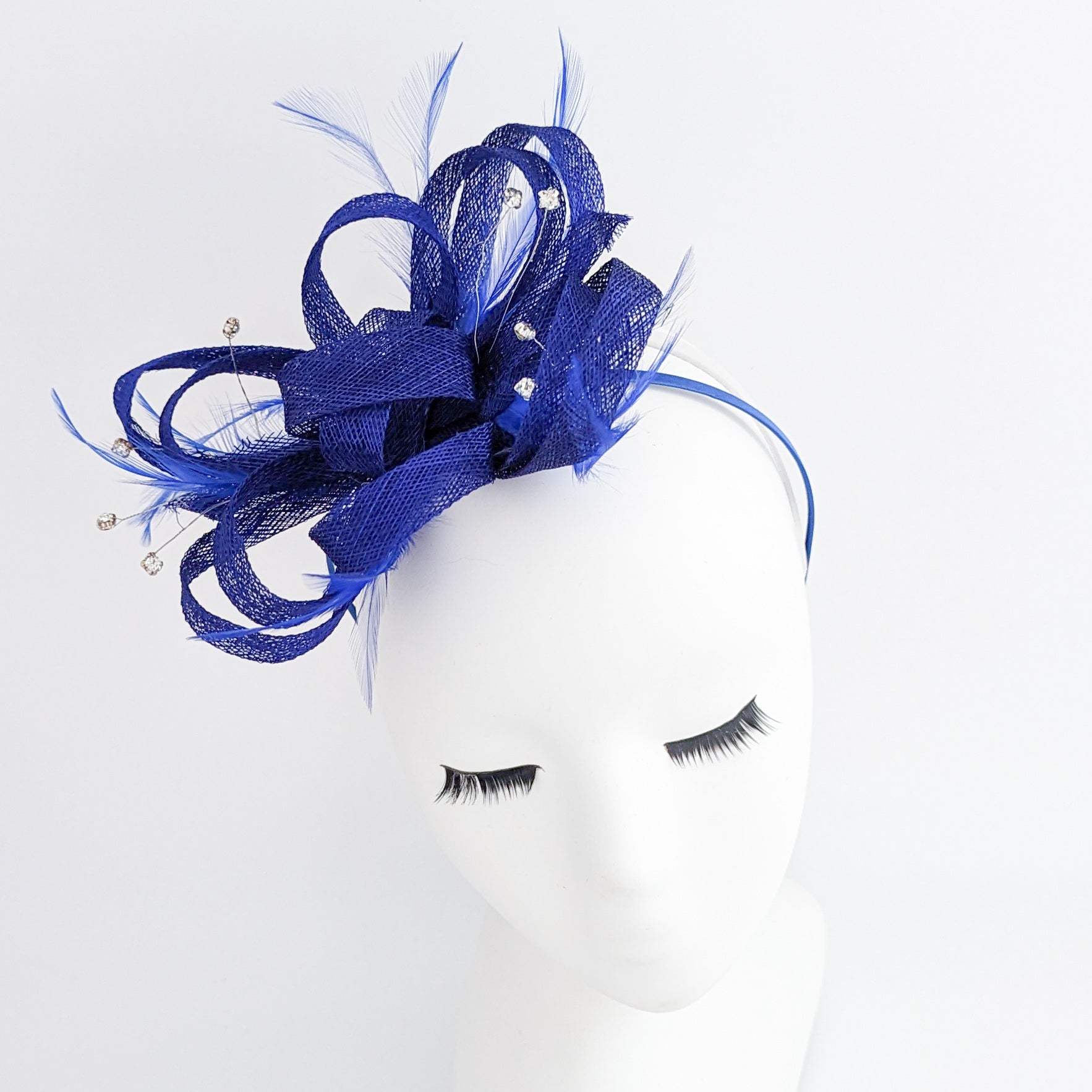 Royal cobalt blue crystal feather fascinator hat