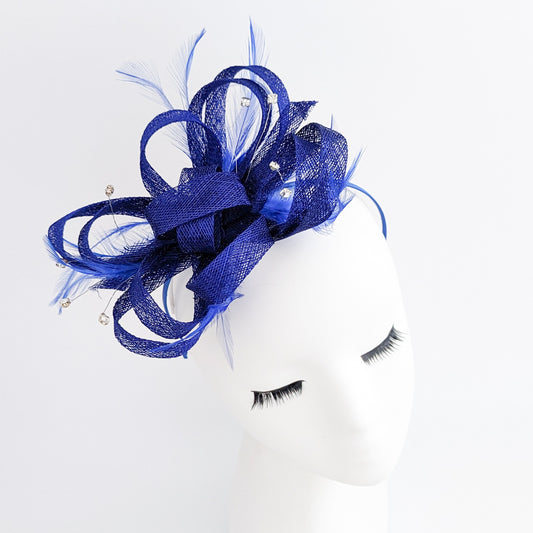 Royal cobalt blue crystal feather fascinator hat