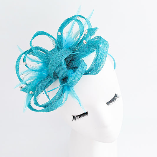 Dark aqua blue crystal feather fascinator hat