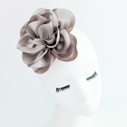Silver satin rose fascinator hat