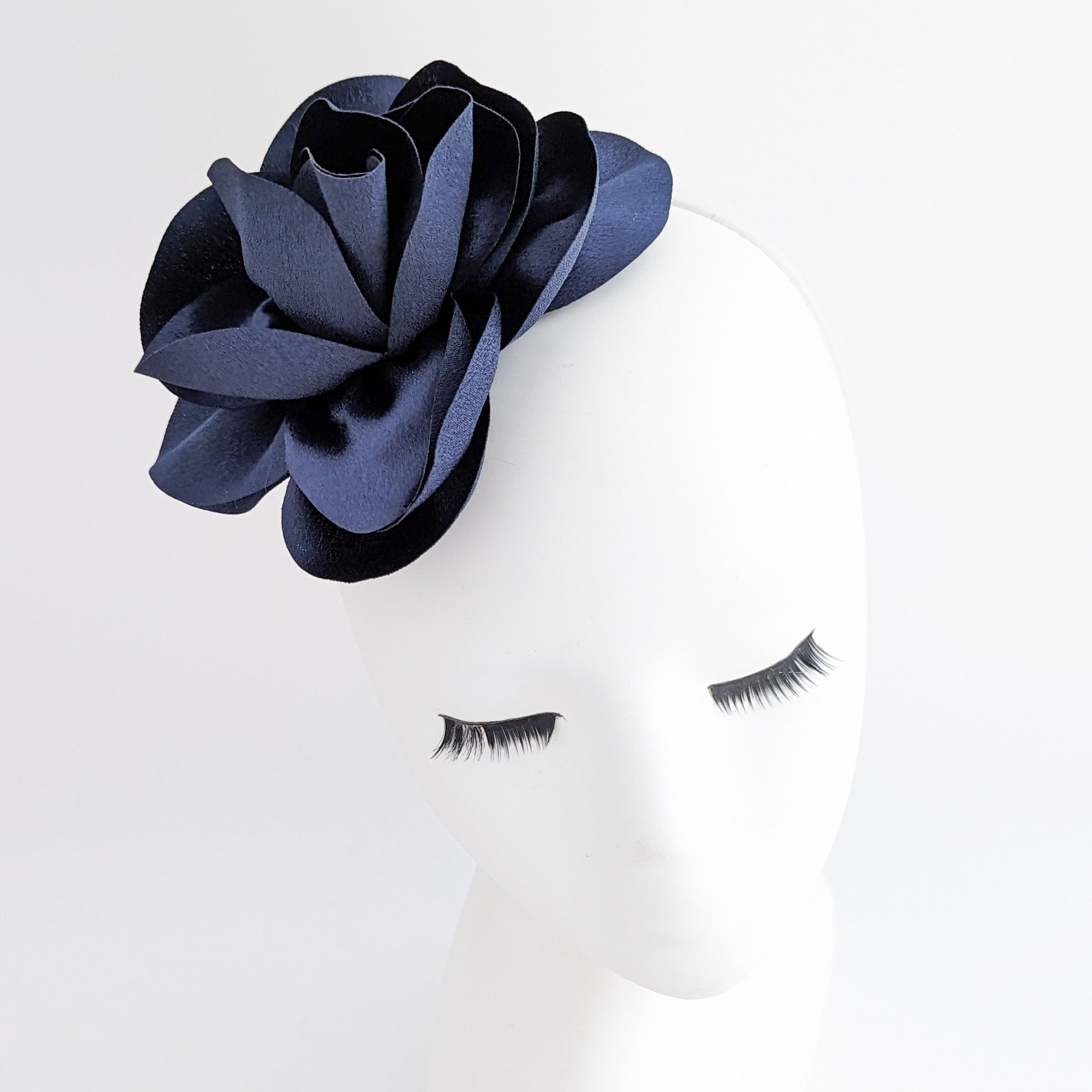 Navy blue satin rose fascinator hat