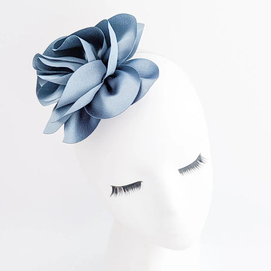Dusty blue satin rose fascinator hat House of Hats