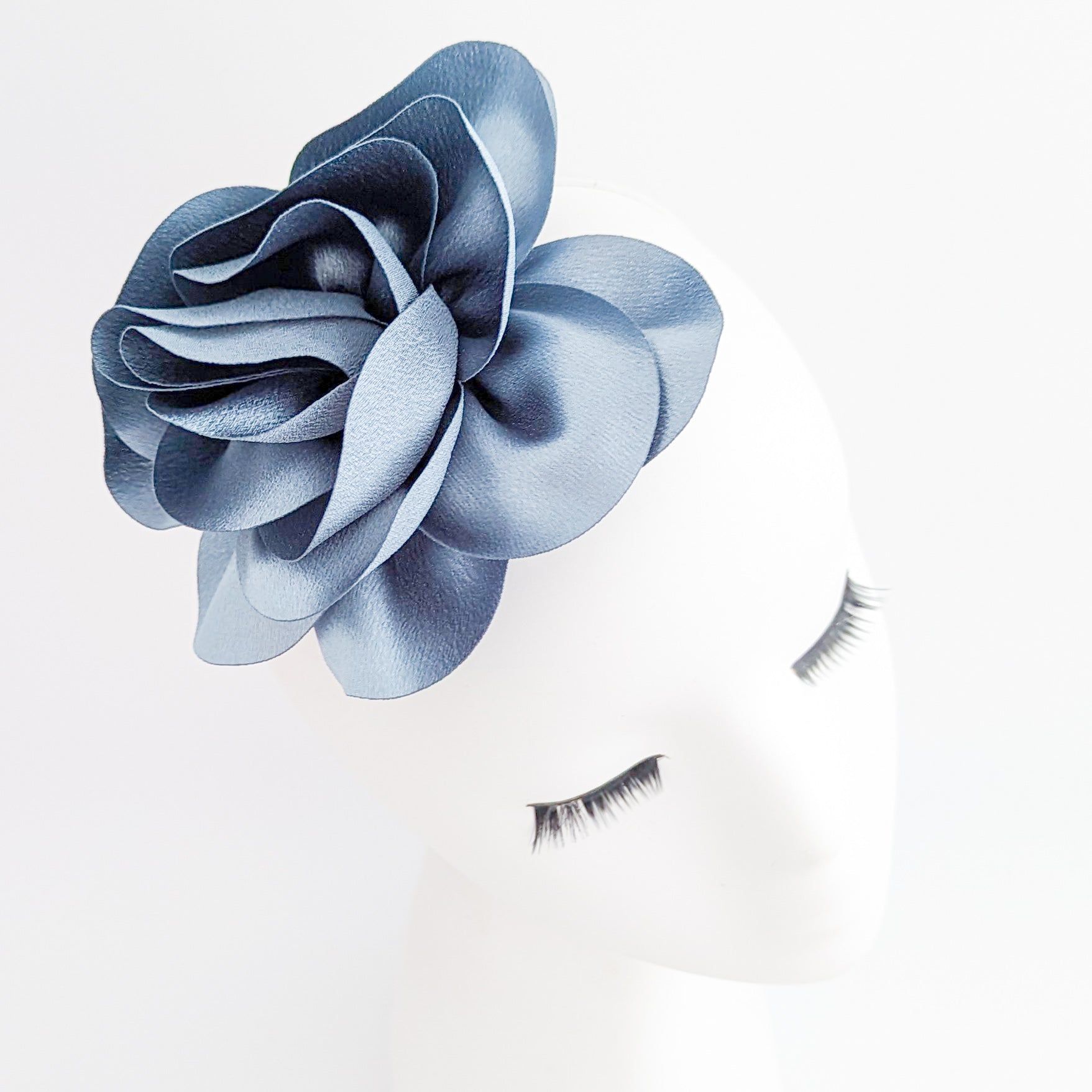 Dusty blue satin rose fascinator hat