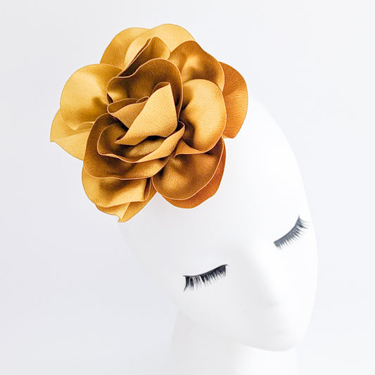 Bronze gold satin rose fascinator hat