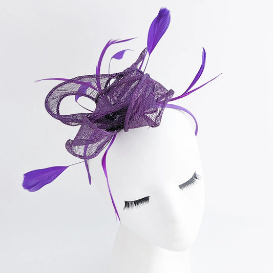 Aubergine cadbury purple feather fascinator hat House of Hats