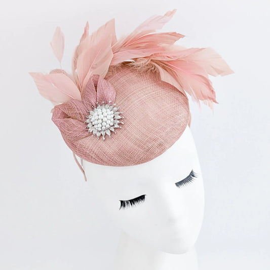 Blush pink feather pearl fascinator hat House of Hats
