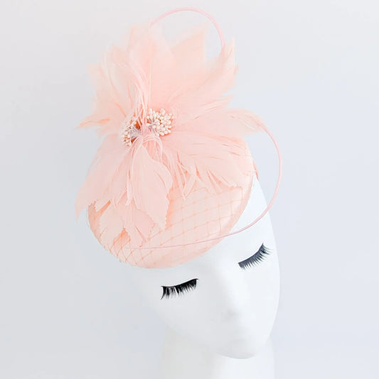 Peach feather satin fascinator hat House of Hats