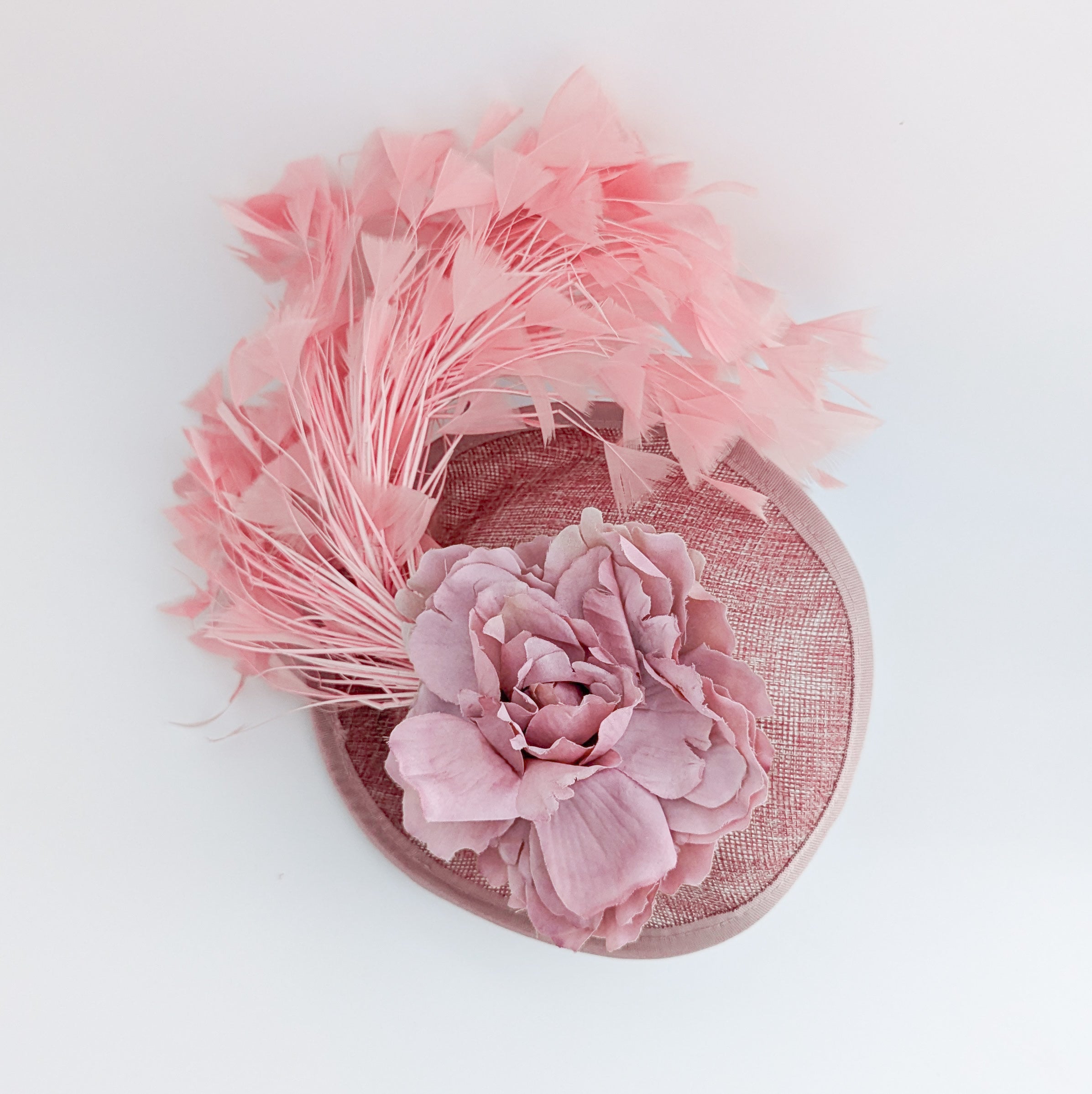 Blush pink flower feather disc saucer fascinator hat Blush pink flower feather disc saucer fascinator hat
