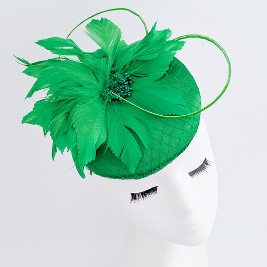 Shamrock green feather satin fascinator hat
