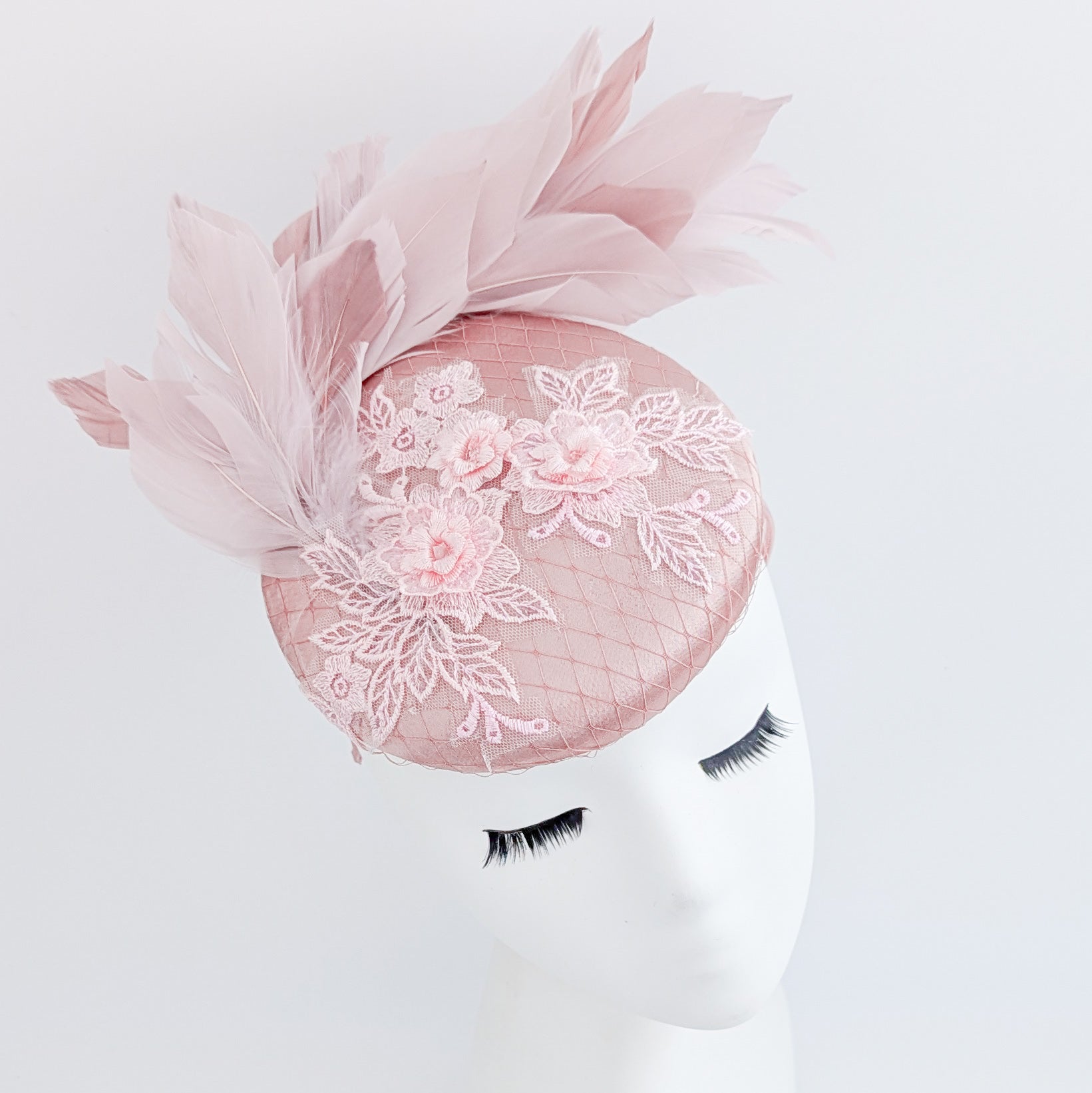 Blush pink feather lace satin fascinator hat Blush pink feather lace satin fascinator hat