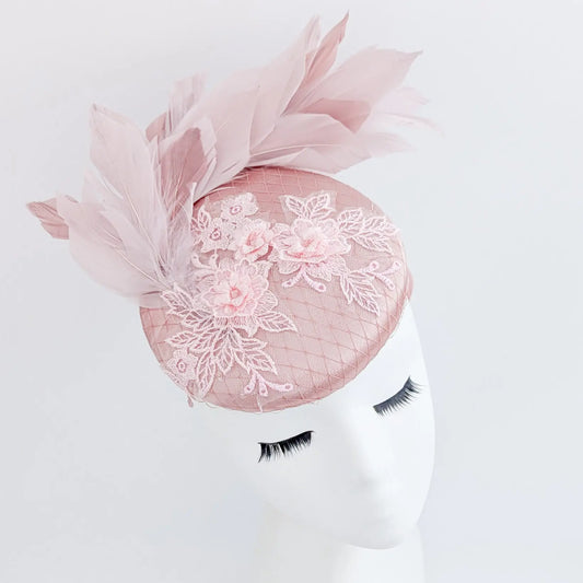 Blush pink feather lace satin fascinator hat House of Hats