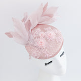 Blush pink feather lace satin fascinator hat Blush pink feather lace satin fascinator hat