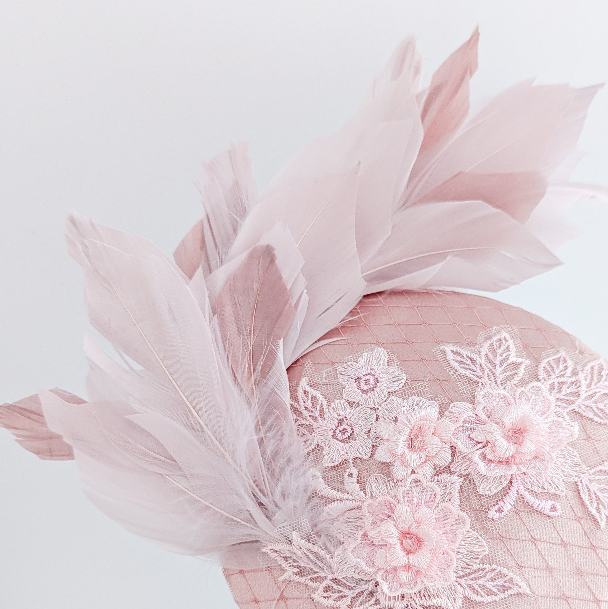 Blush pink feather lace satin fascinator hat Blush pink feather lace satin fascinator hat