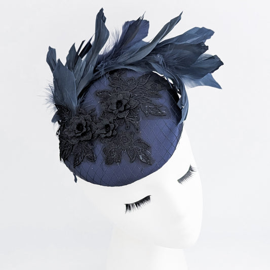 Navy blue feather lace satin fascinator hat