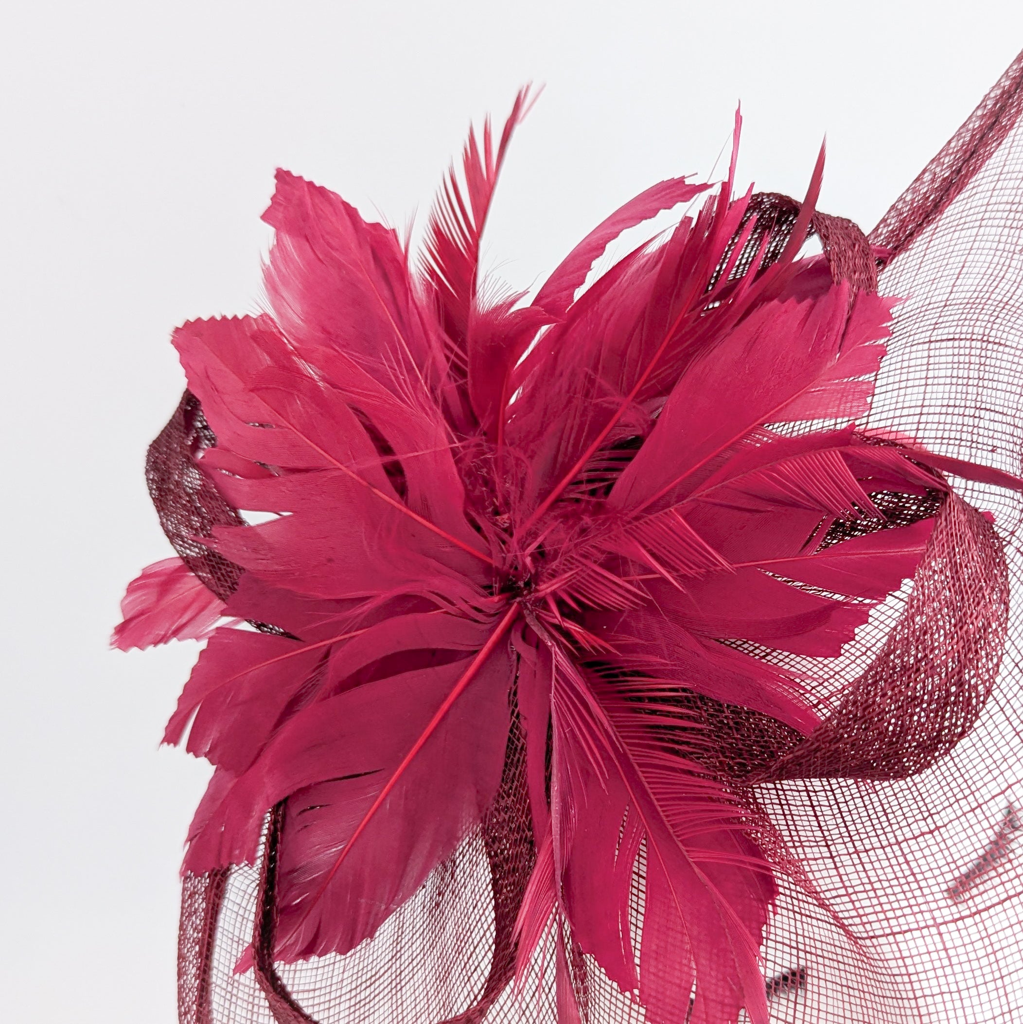 Burgundy feather large teardrop fascinator hat Burgundy feather large teardrop fascinator hat