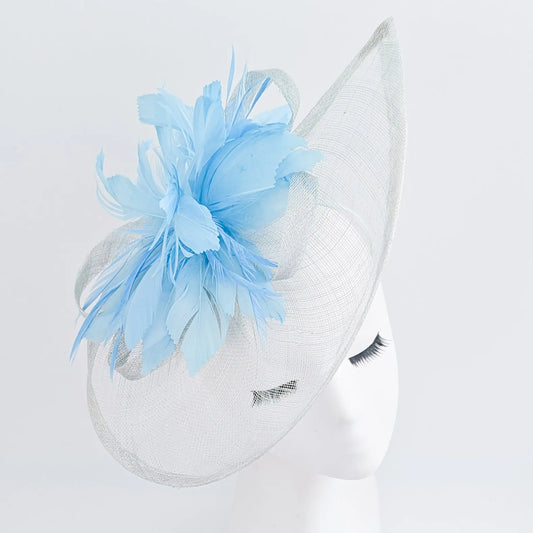 Aquamarine blue feather large teardrop fascinator hat House of Hats