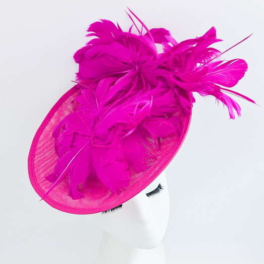 Fuchsia pink large feather saucer disc fascinator hat