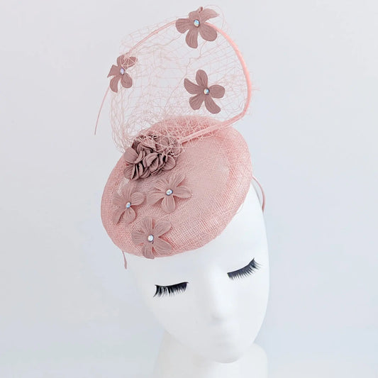 Dusty rose pink flower fascinator hat House of Hats