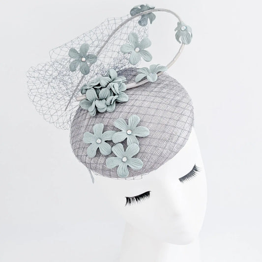 Aquamarine grey blue flower fascinator hat House of Hats