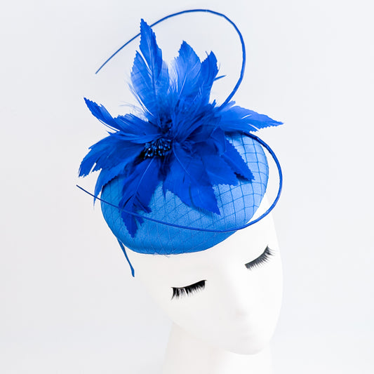 Royal cobalt blue feather satin fascinator hat
