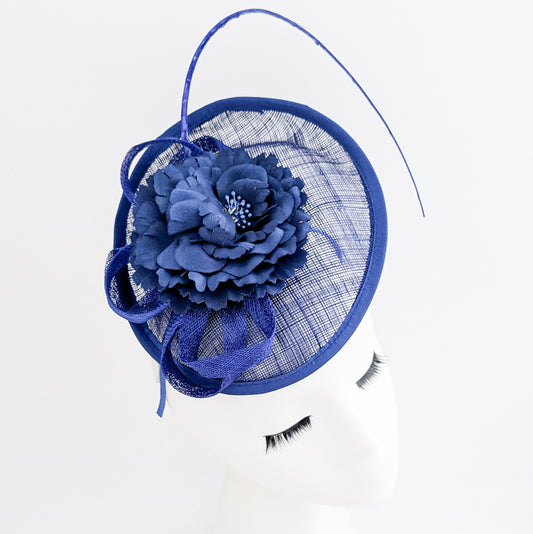 Royal cobalt blue flower disc saucer fascinator hat