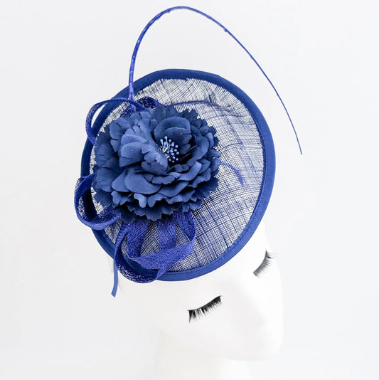 Royal cobalt blue flower disc saucer fascinator hat House of Hats