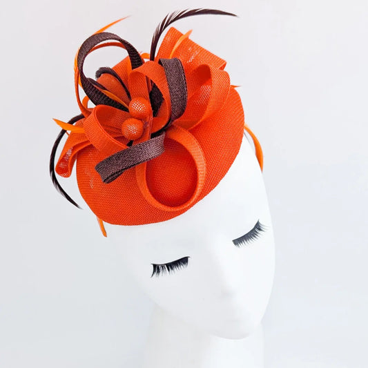 Orange brown feather fascinator disc saucer hat House of Hats