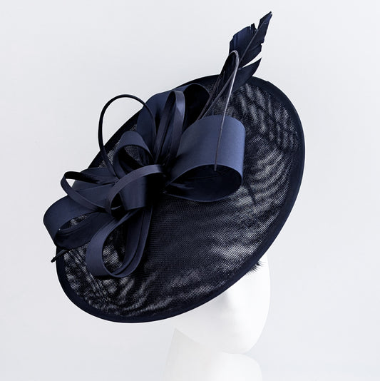 Navy blue feather large saucer disc fascinator hat