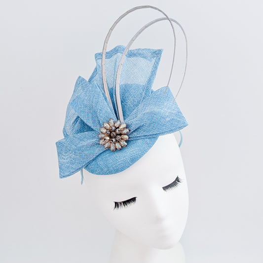 Light cornflower blue crystal bow fascinator hat