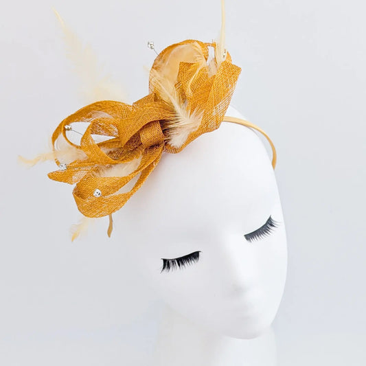 Golden yellow crystal feather fascinator hat House of Hats